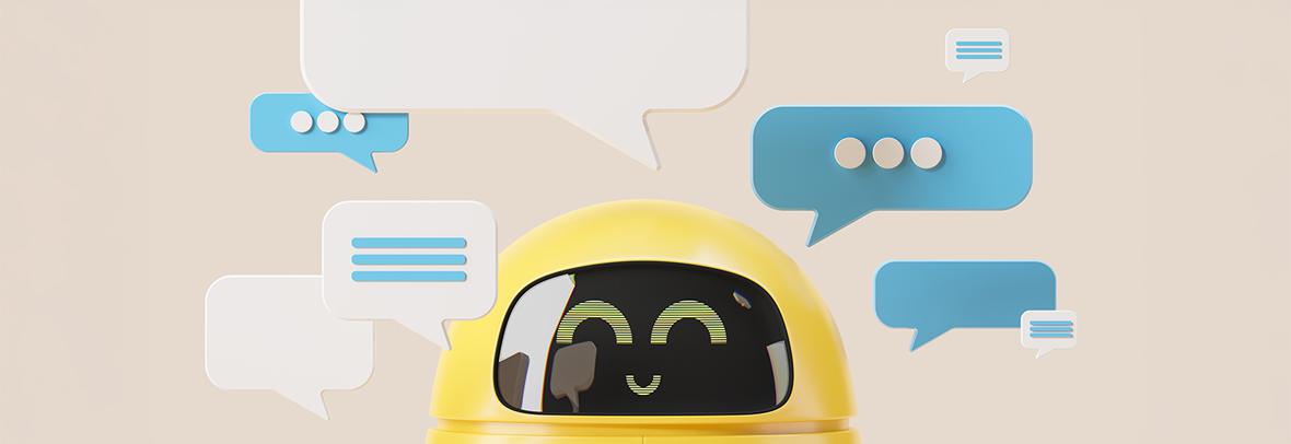 illustration of chatbot with dialogue bubbles around it