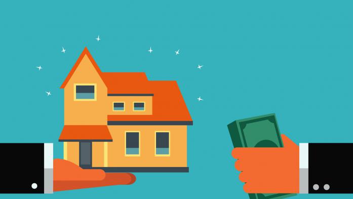 hand holding a house, another hand holding cash