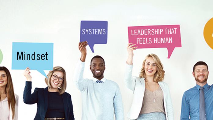 photo of 5 people holding up dialogue bubbles