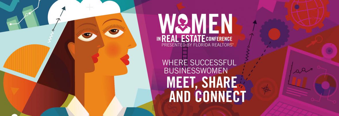 women in real estate conference where successful businesswomen meet, share and connect with illustration of women