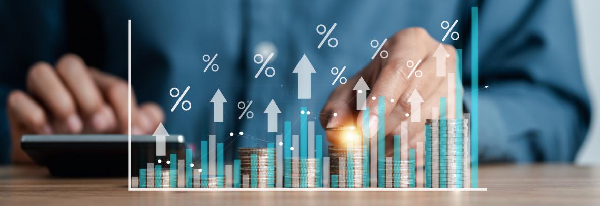 hands with calculator and money with bar chart illustration