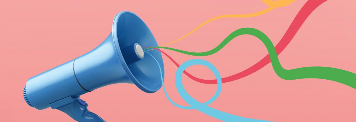 megaphone with colorful ribbons depicting an annoucement