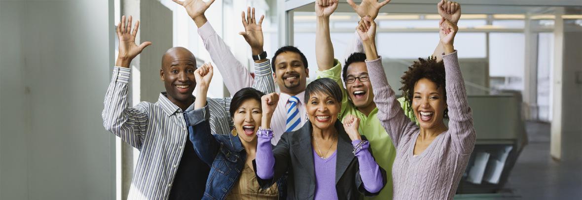 Multiracial group cheering