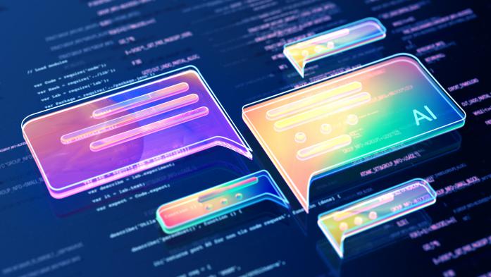 AI Chatbot - stock photo  Digital generated image of abstract AI data chat icons flying over digital surface with codes