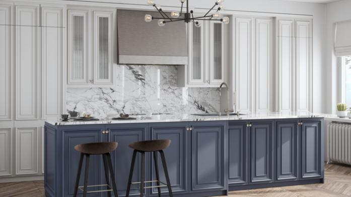 Interior of an empty luxurious neo-classical kitchen.